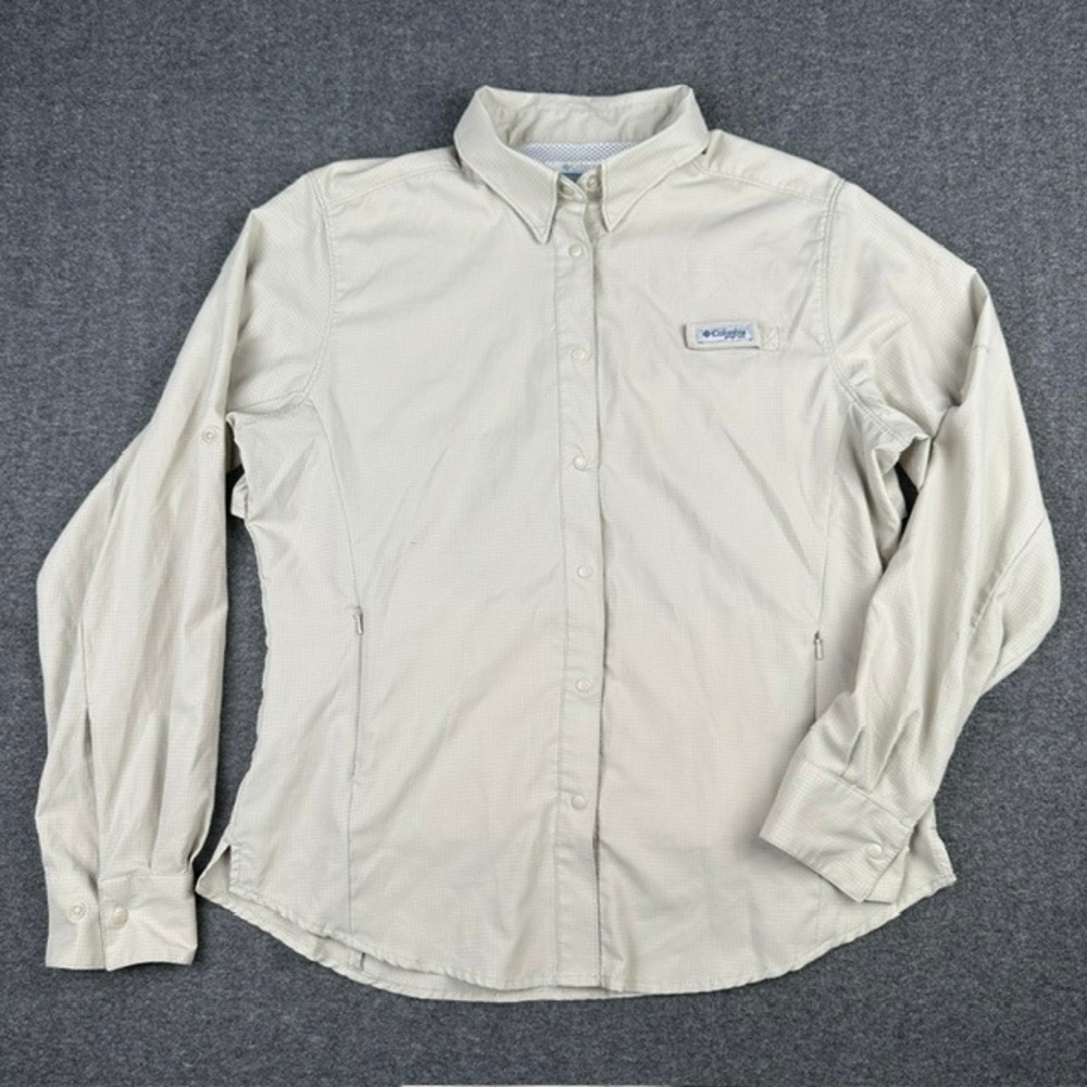 Columbia PFG Tamiami II Long Sleeve Fishing Shirt Tan Beige Women Medium UPF 40